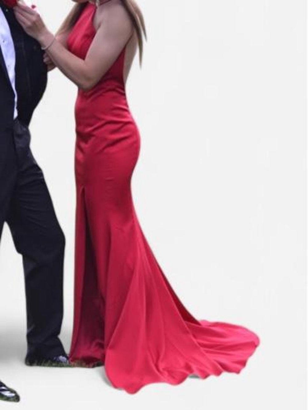 JVN by Jovani Red Satin Halter Prom Gown